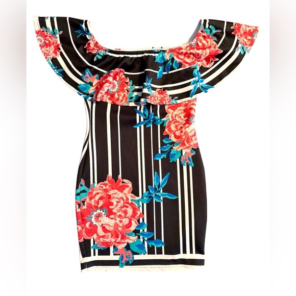 Flying Tomato Floral Off-Shoulder Dress Black White Stripes Mini Dress Size M - Picture 2 of 6